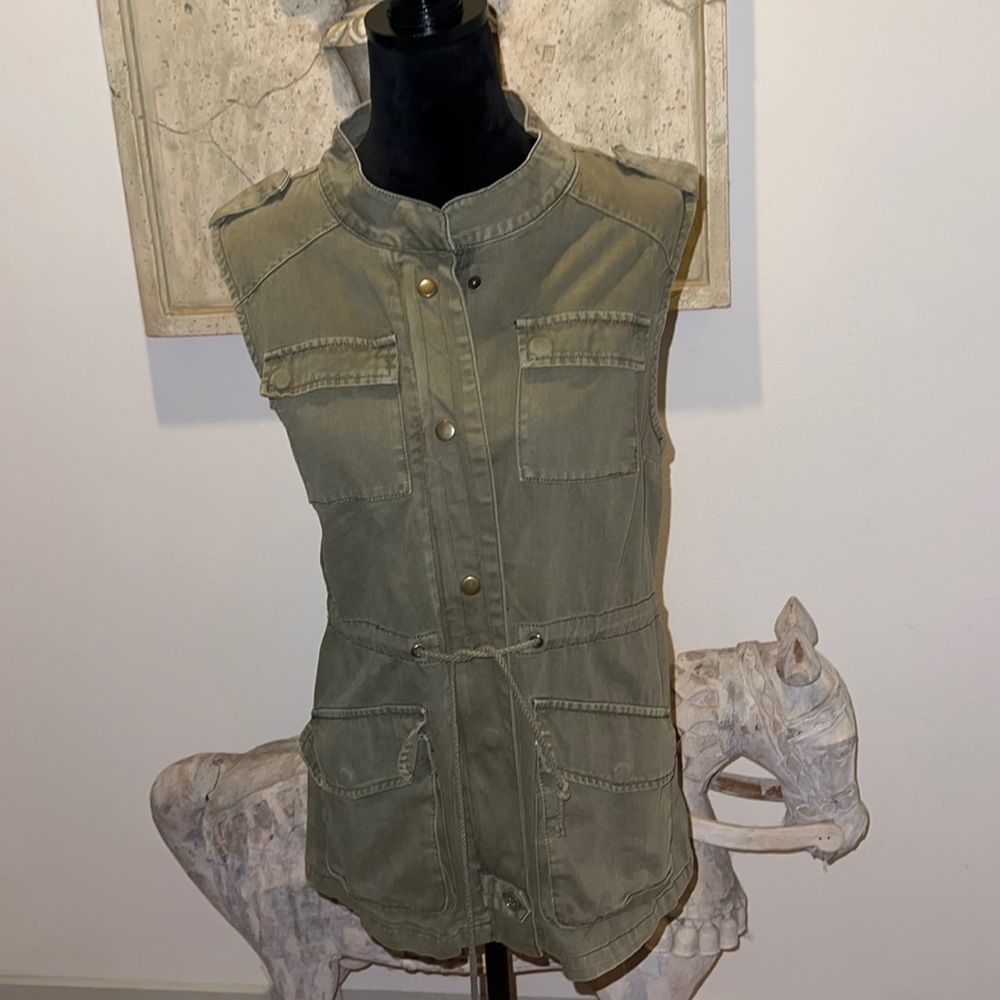 British Khaki utility olive military green long‎ vest Sz M